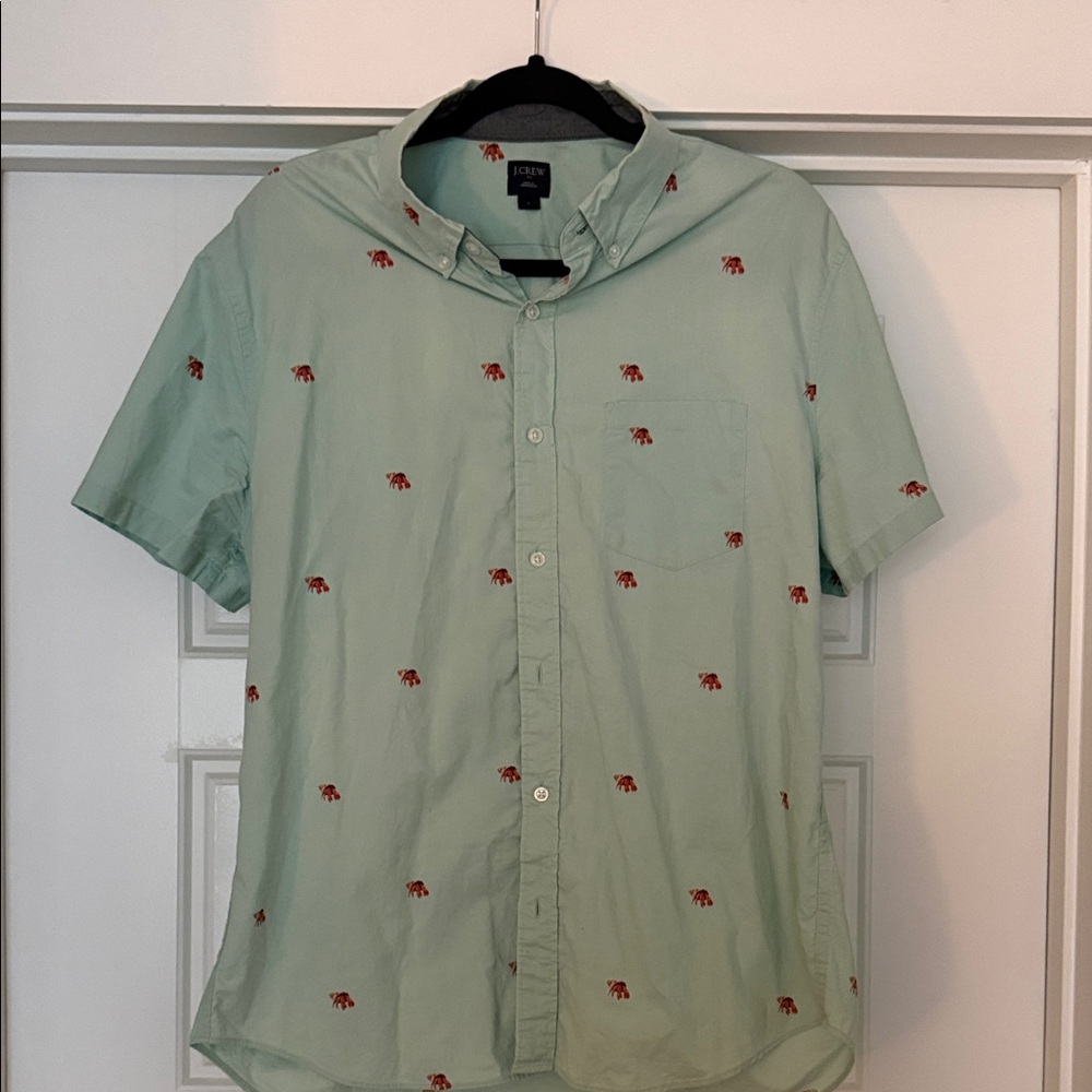 J. Crew Short-Sleeve Button-Down Shirt - Mint Green with Red Embroidery